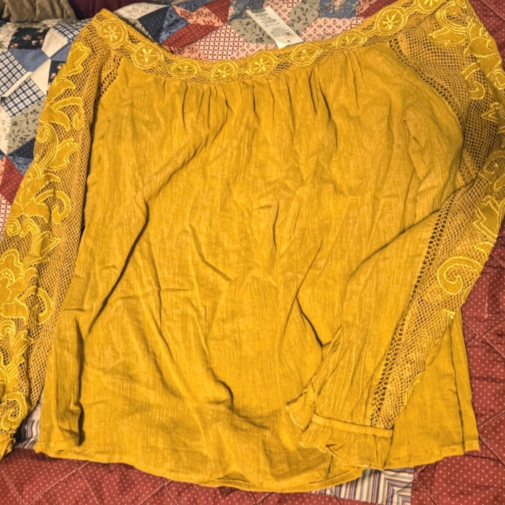 Miss Selfridge Mustard Yellow Blouse with Lace Sleeves